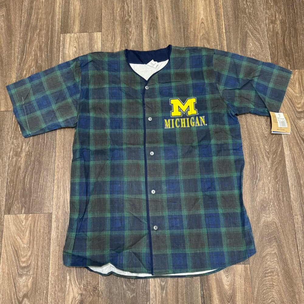 VTG Michigan Wolverine Baseball Jersey Men's XL Blue Green Plaid 90s Competitor
